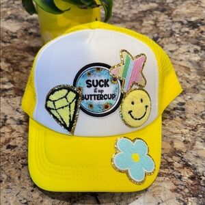 Yellow and White Trucker Hat with Patches